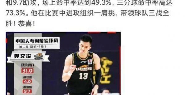 郭艾伦拿周最佳，代言汽车品牌，助球队登顶！
