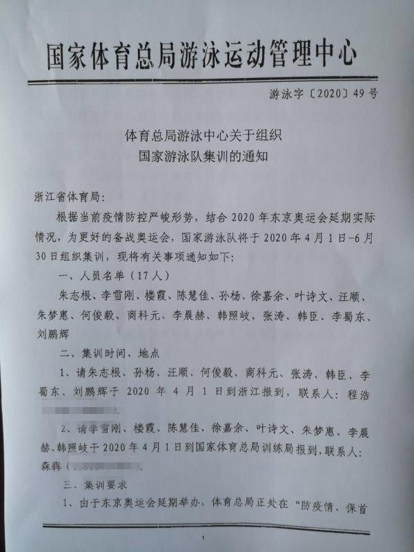 孙杨入选游泳队奥运集训名单 暂时在浙江训练
