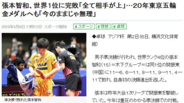 张本智和首次服软：实力与马龙樊振东差距 东京奥运夺金没戏 