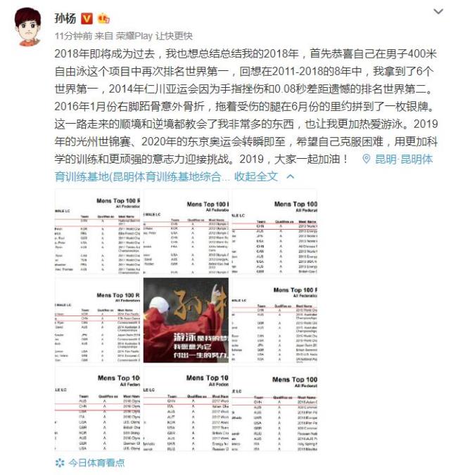 孙杨6夺年度第一并发布2018年度个人总结 几分钟后低调删除